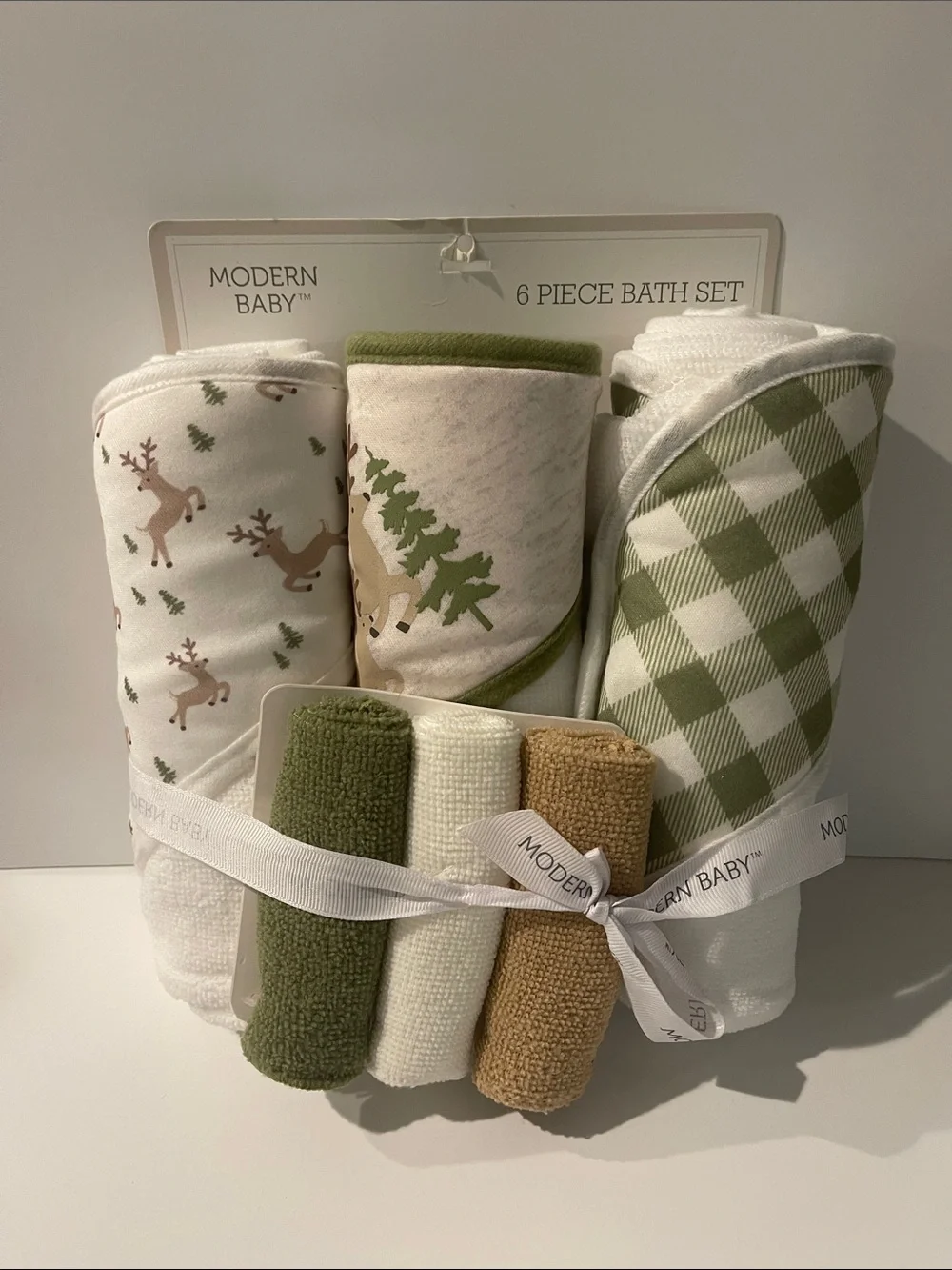 Modern Baby NWT 6-Piece Green Cream Baby Bath towel Set gift woodland deer